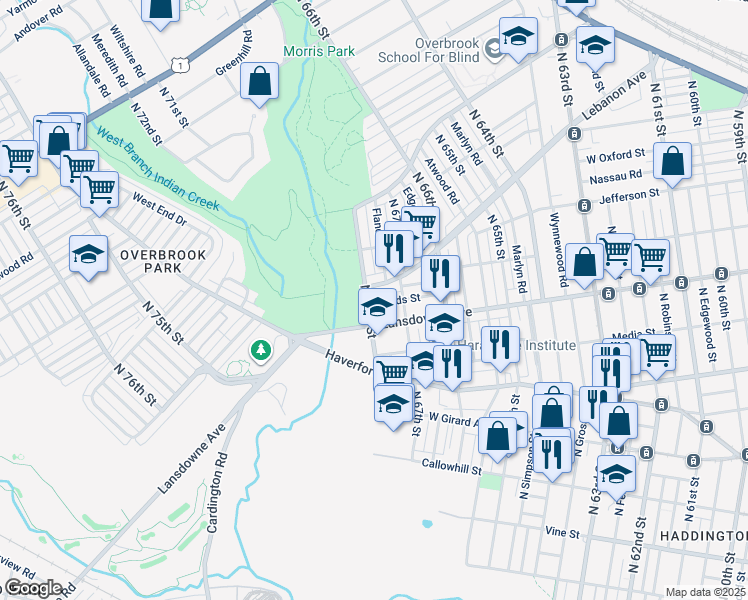 map of restaurants, bars, coffee shops, grocery stores, and more near 6733 Leeds Street in Philadelphia