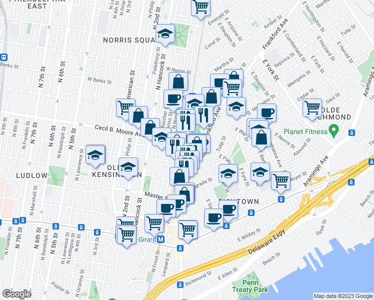 map of restaurants, bars, coffee shops, grocery stores, and more near 21 East Columbia Avenue in Philadelphia