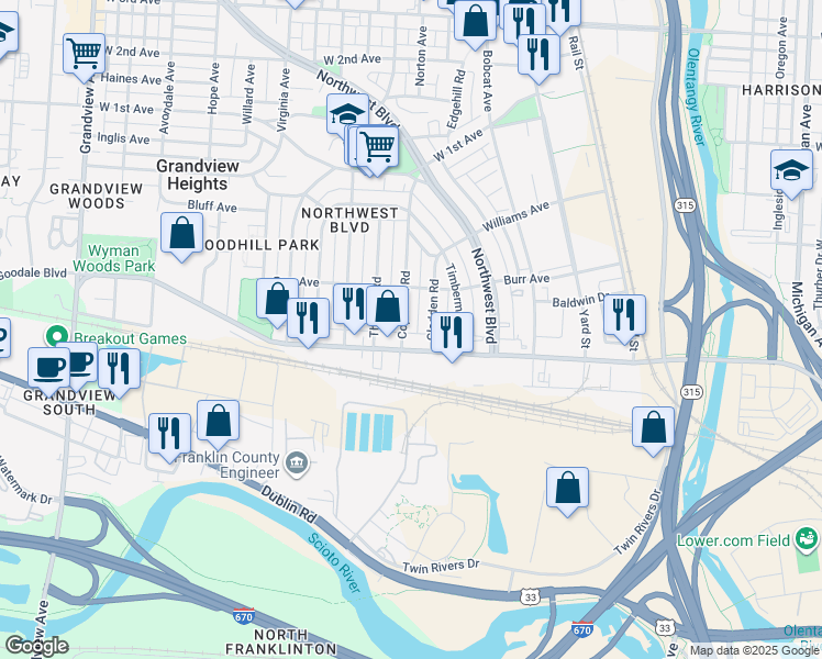 map of restaurants, bars, coffee shops, grocery stores, and more near 790 Copeland Road in Grandview