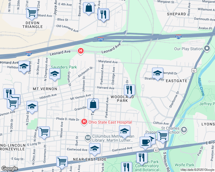 map of restaurants, bars, coffee shops, grocery stores, and more near 1624 Harvard Avenue in Columbus