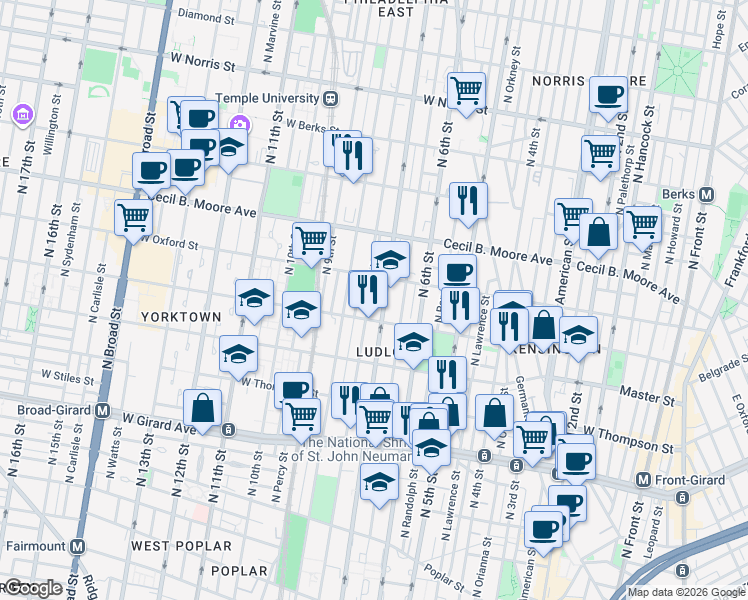 map of restaurants, bars, coffee shops, grocery stores, and more near 1517 North 7th Street in Philadelphia