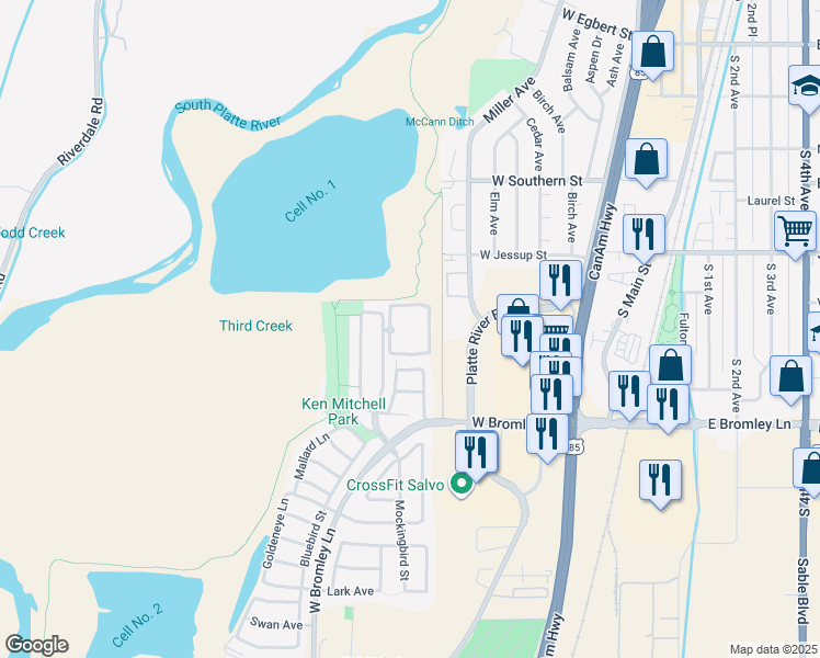 map of restaurants, bars, coffee shops, grocery stores, and more near 744 Mockingbird Street in Brighton