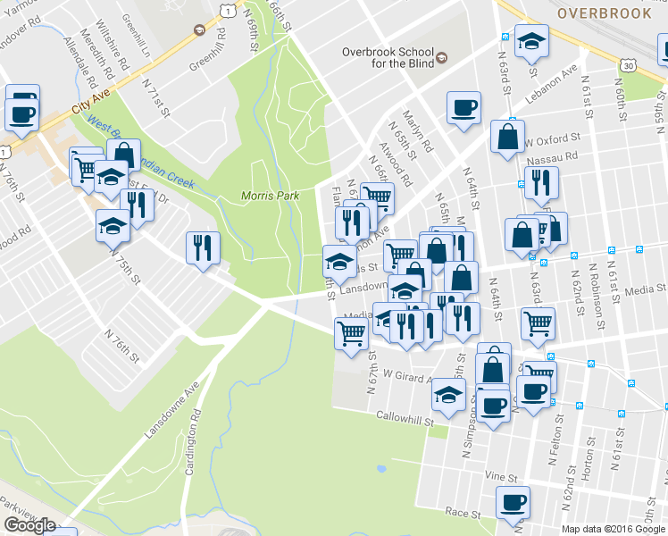 map of restaurants, bars, coffee shops, grocery stores, and more near 6731 Leeds Street in Philadelphia