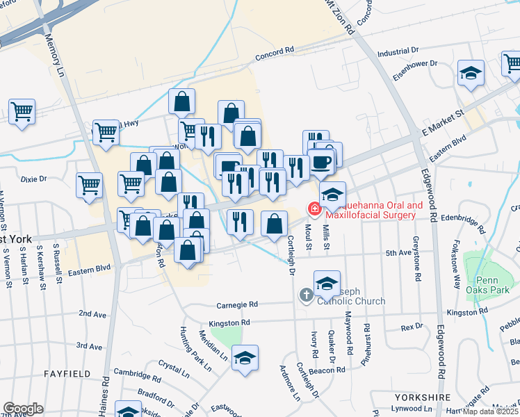 map of restaurants, bars, coffee shops, grocery stores, and more near 2812 East Market Street in York
