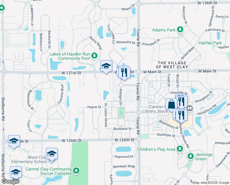 map of restaurants, bars, coffee shops, grocery stores, and more near 12900 Pettigru Street in Carmel