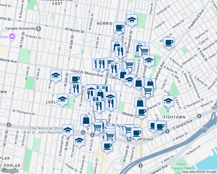map of restaurants, bars, coffee shops, grocery stores, and more near 1603 North American Street in Philadelphia