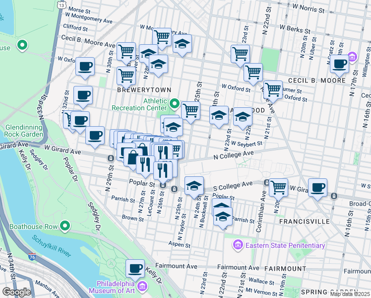 map of restaurants, bars, coffee shops, grocery stores, and more near 1250 North 25th Street in Philadelphia