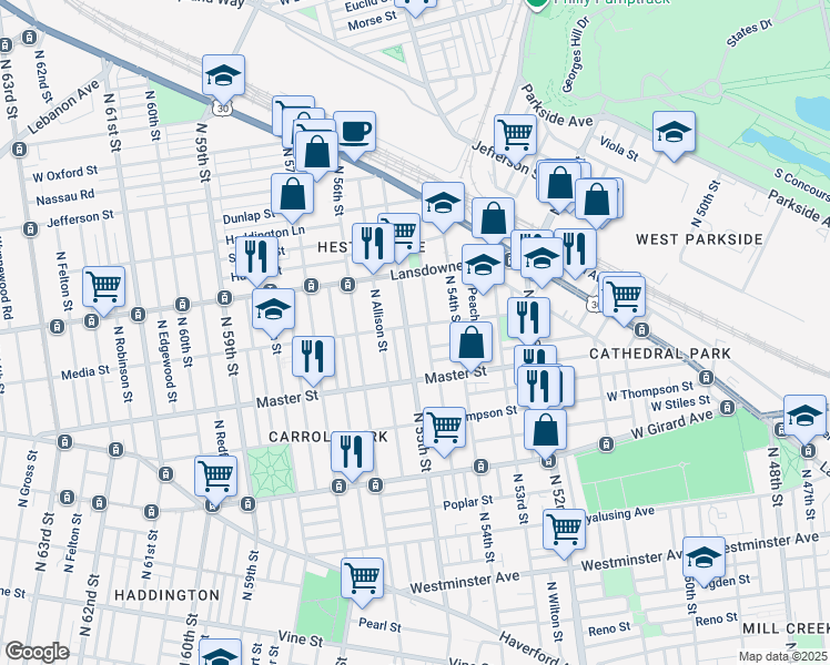 map of restaurants, bars, coffee shops, grocery stores, and more near 5448 Media Street in Philadelphia