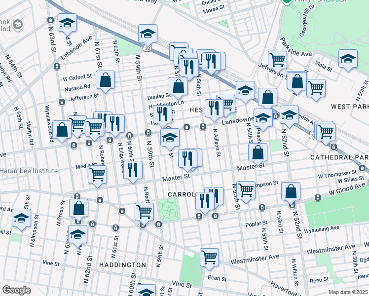 map of restaurants, bars, coffee shops, grocery stores, and more near 1508 North 57th Street in Philadelphia