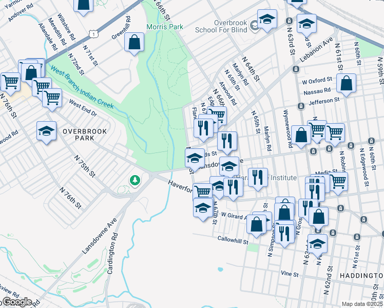 map of restaurants, bars, coffee shops, grocery stores, and more near 6733 Leeds Street in Philadelphia