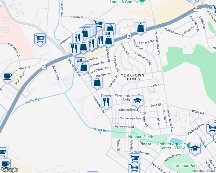 map of restaurants, bars, coffee shops, grocery stores, and more near 903 Fahs Street in York