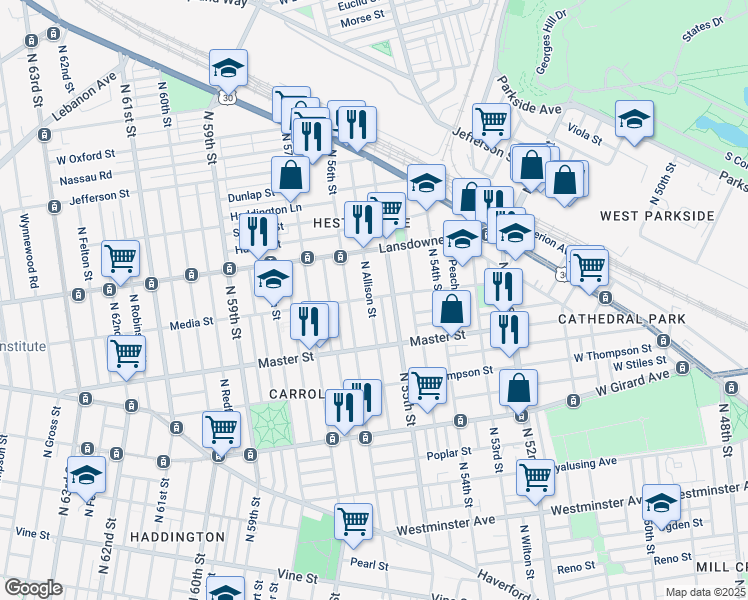 map of restaurants, bars, coffee shops, grocery stores, and more near 5520 Media St in Philadelphia