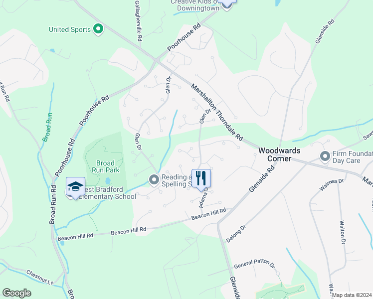 map of restaurants, bars, coffee shops, grocery stores, and more near 1320 Walker Drive in Downingtown