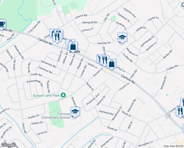 map of restaurants, bars, coffee shops, grocery stores, and more near 2261 Sunset Lane in York