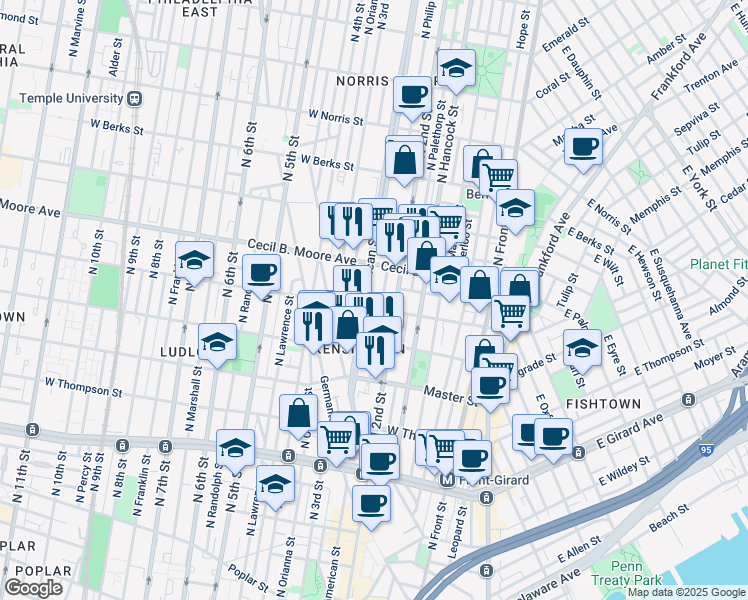 map of restaurants, bars, coffee shops, grocery stores, and more near 1619 North American Street in Philadelphia