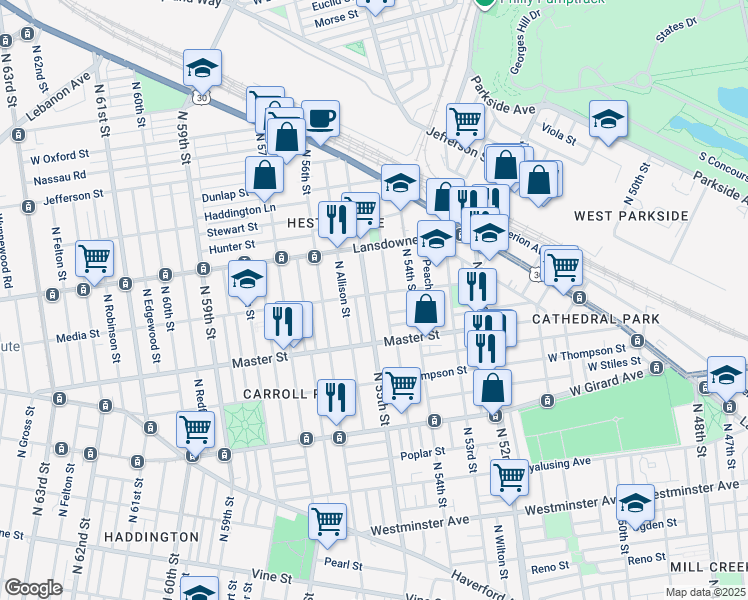 map of restaurants, bars, coffee shops, grocery stores, and more near 5448 Media Street in Philadelphia