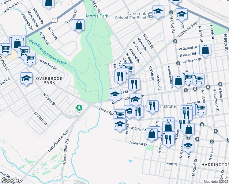 map of restaurants, bars, coffee shops, grocery stores, and more near 6729 Leeds Street in Philadelphia