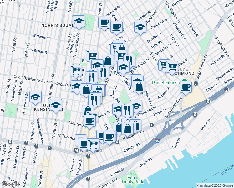 map of restaurants, bars, coffee shops, grocery stores, and more near 1714 Memphis Street in Philadelphia