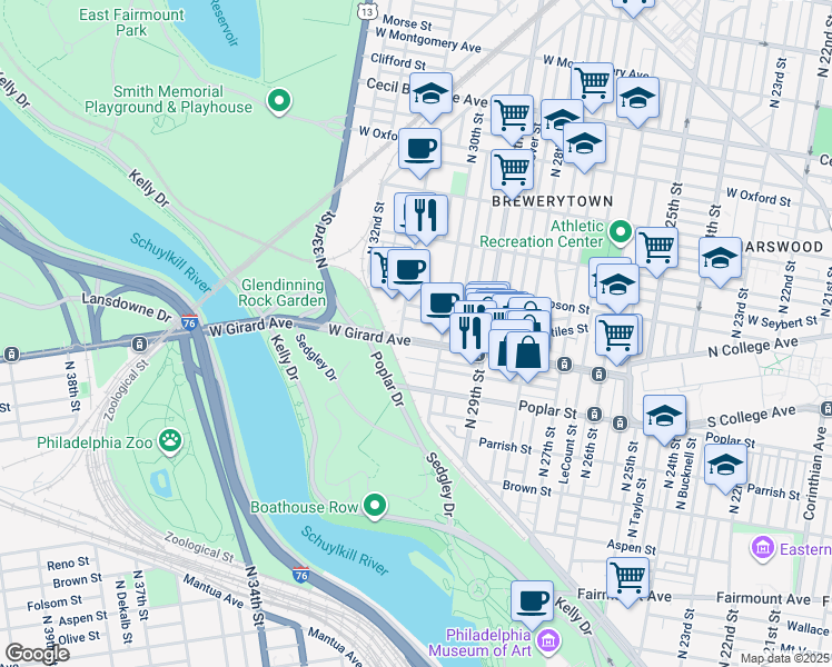 map of restaurants, bars, coffee shops, grocery stores, and more near 3025 West Girard Avenue in Philadelphia