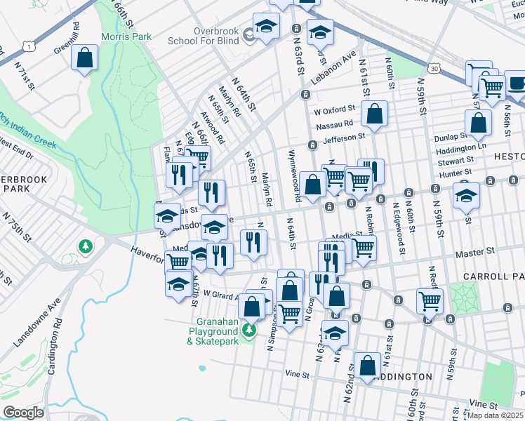 map of restaurants, bars, coffee shops, grocery stores, and more near 6441 Lansdowne Avenue in Philadelphia