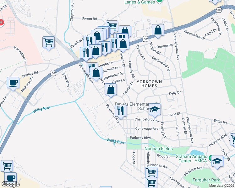 map of restaurants, bars, coffee shops, grocery stores, and more near 903 Fahs Street in York