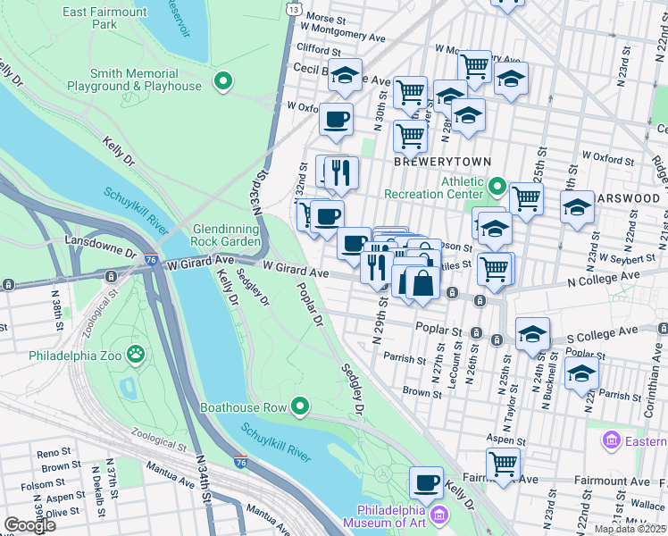 map of restaurants, bars, coffee shops, grocery stores, and more near 3025 West Girard Avenue in Philadelphia