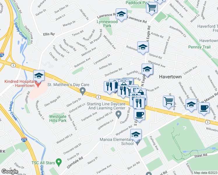 map of restaurants, bars, coffee shops, grocery stores, and more near 1508 Brierwood Road in Havertown
