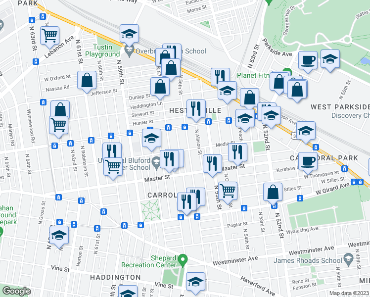 map of restaurants, bars, coffee shops, grocery stores, and more near 5730 Lansdowne Avenue in Philadelphia