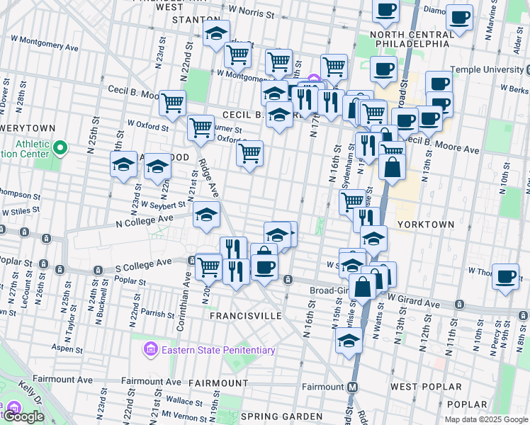 map of restaurants, bars, coffee shops, grocery stores, and more near 1812 Master Street in Philadelphia
