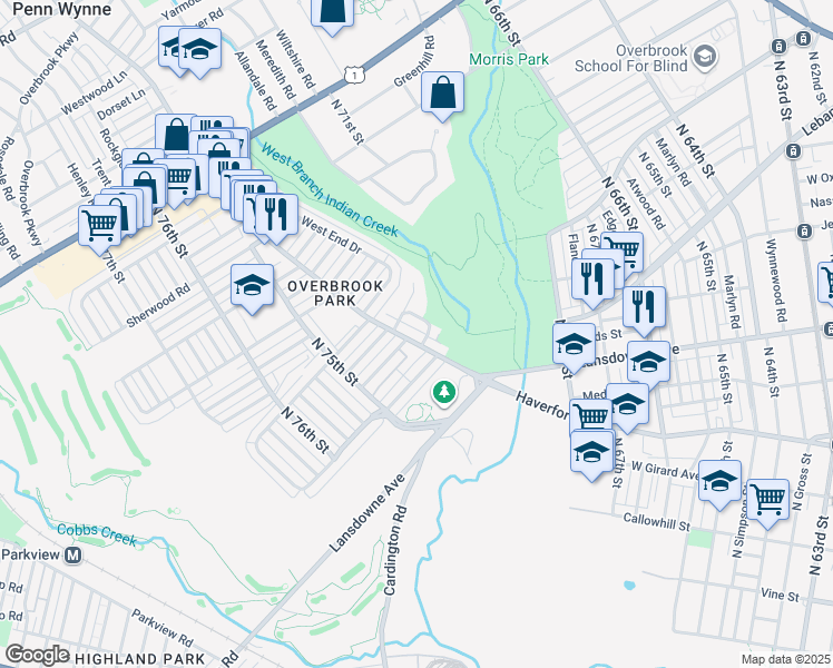 map of restaurants, bars, coffee shops, grocery stores, and more near 7235 Haverford Avenue in Philadelphia