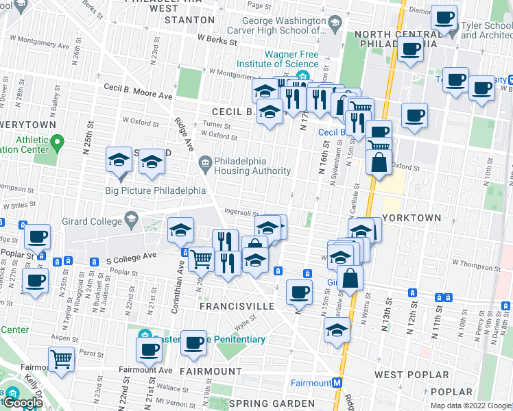 map of restaurants, bars, coffee shops, grocery stores, and more near 1730 Master Street in Philadelphia