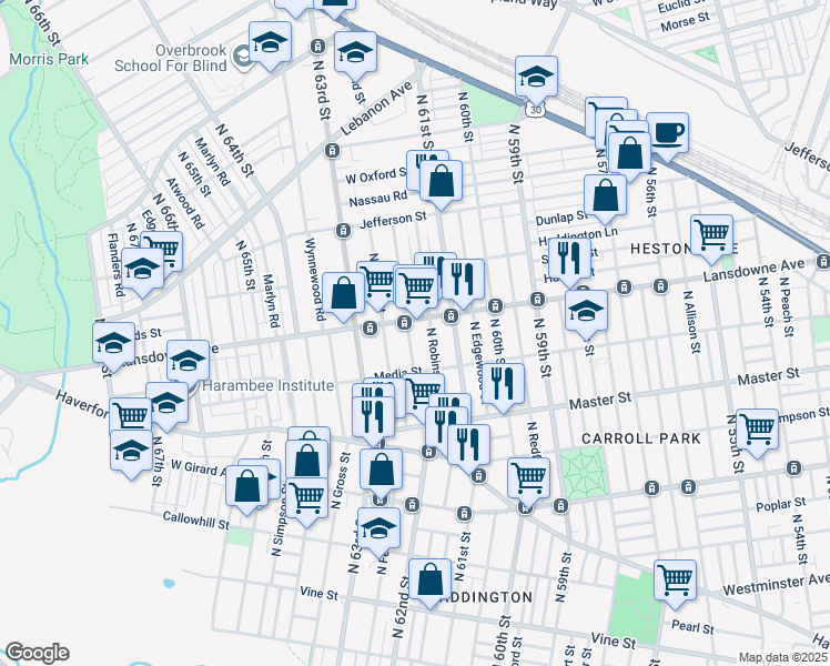 map of restaurants, bars, coffee shops, grocery stores, and more near 1547 North 62nd Street in Philadelphia