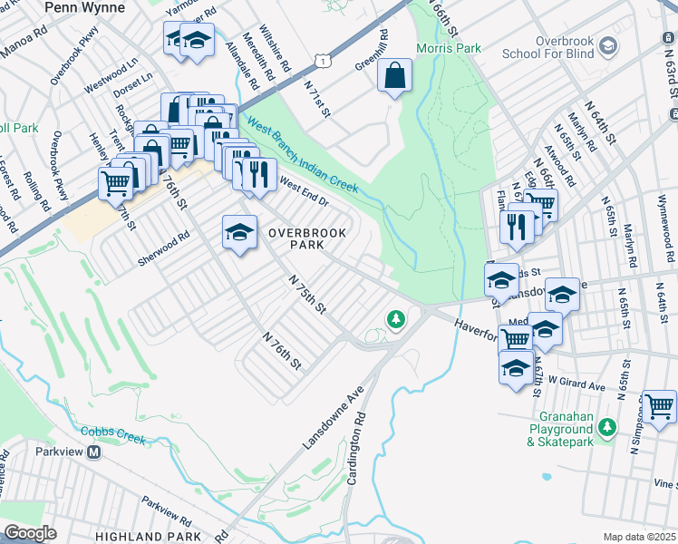 map of restaurants, bars, coffee shops, grocery stores, and more near 7407 Ruskin Road in Philadelphia