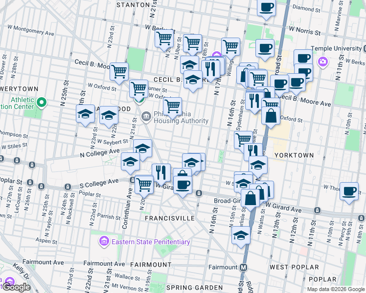 map of restaurants, bars, coffee shops, grocery stores, and more near 1814 W Master St in Philadelphia
