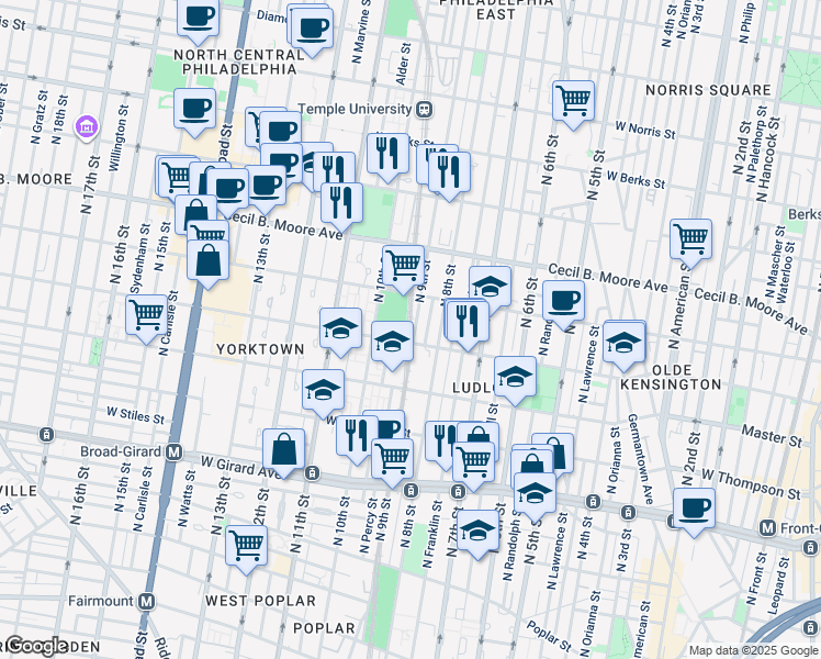 map of restaurants, bars, coffee shops, grocery stores, and more near 1526 North 9th Street in Philadelphia