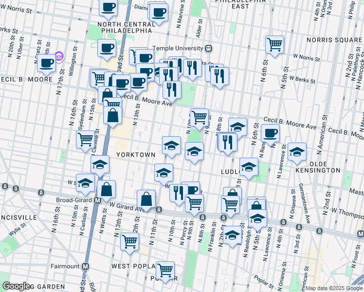 map of restaurants, bars, coffee shops, grocery stores, and more near 1021 West Jefferson Street in Philadelphia