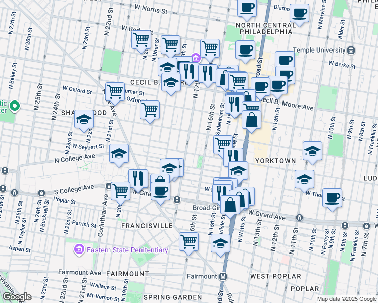 map of restaurants, bars, coffee shops, grocery stores, and more near 1401 North 17th Street in Philadelphia