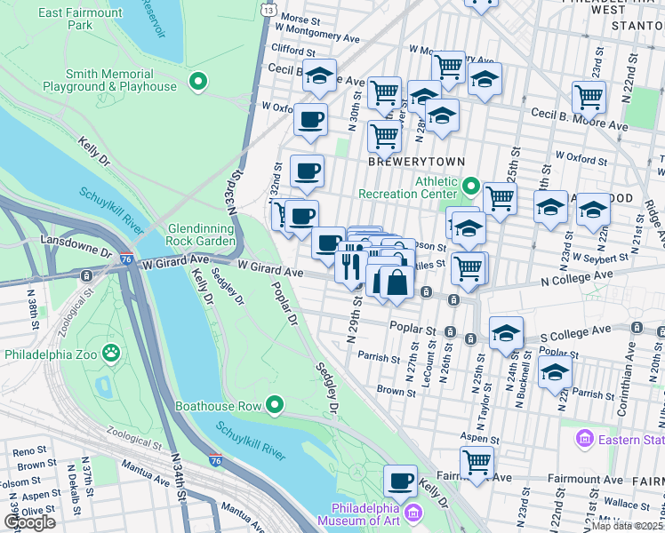 map of restaurants, bars, coffee shops, grocery stores, and more near 1215 North 30th Street in Philadelphia