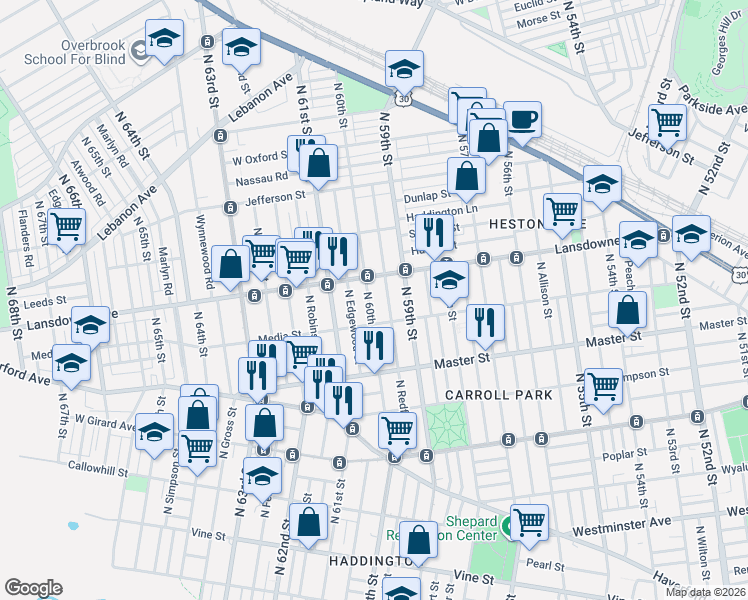 map of restaurants, bars, coffee shops, grocery stores, and more near 1535 North 60th Street in Philadelphia