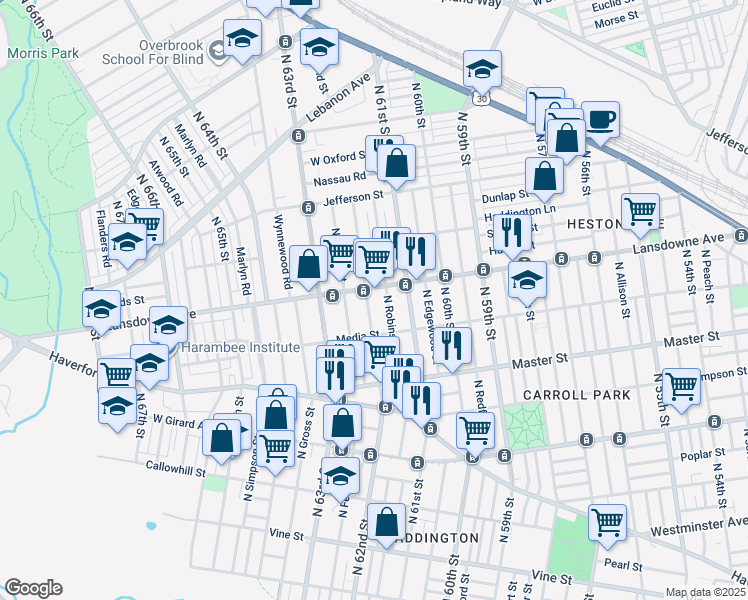 map of restaurants, bars, coffee shops, grocery stores, and more near 1547 North 62nd Street in Philadelphia