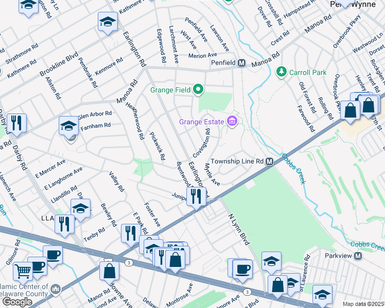 map of restaurants, bars, coffee shops, grocery stores, and more near 201 Earlington Road in Havertown