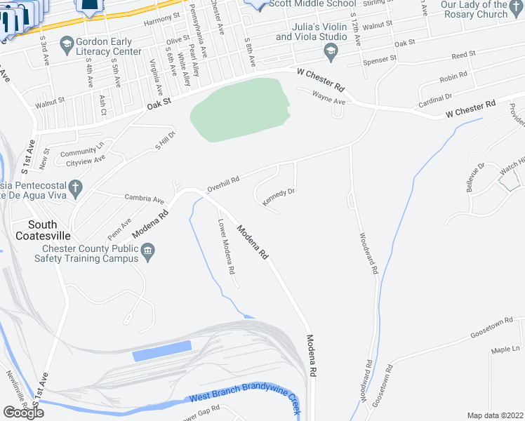 map of restaurants, bars, coffee shops, grocery stores, and more near 99 Lukens Mill Drive in Coatesville