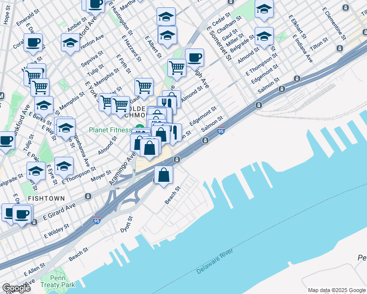 map of restaurants, bars, coffee shops, grocery stores, and more near 2526 Emery Street in Philadelphia