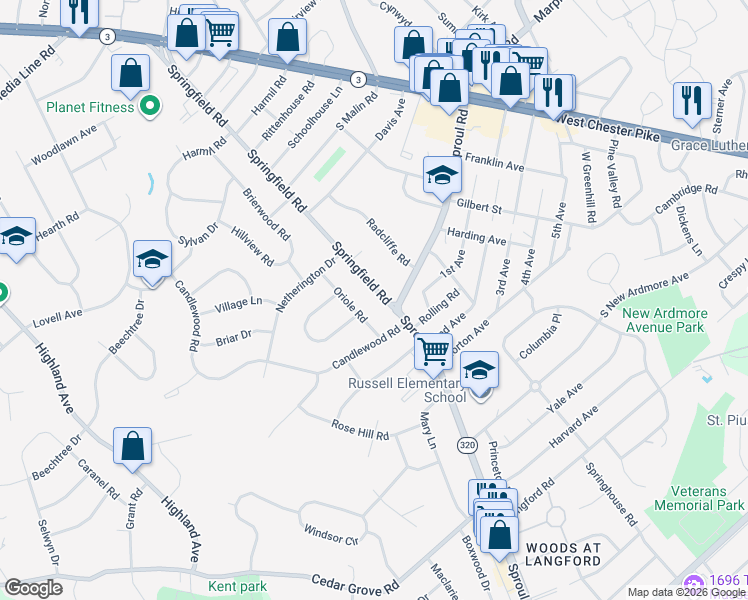 map of restaurants, bars, coffee shops, grocery stores, and more near 2602 Springfield Road in Broomall