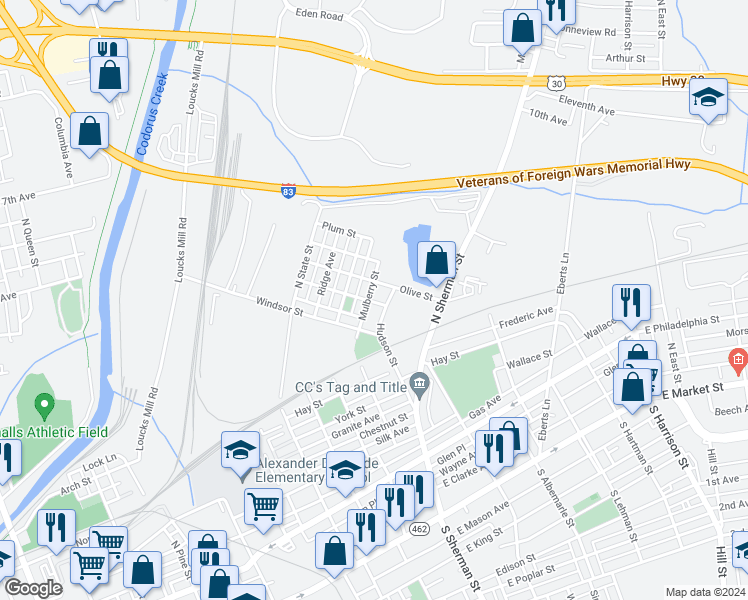 map of restaurants, bars, coffee shops, grocery stores, and more near 628 Hudson Street in York