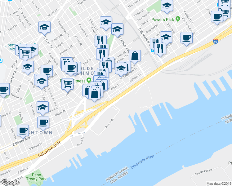 map of restaurants, bars, coffee shops, grocery stores, and more near 2526 Emery Street in Philadelphia