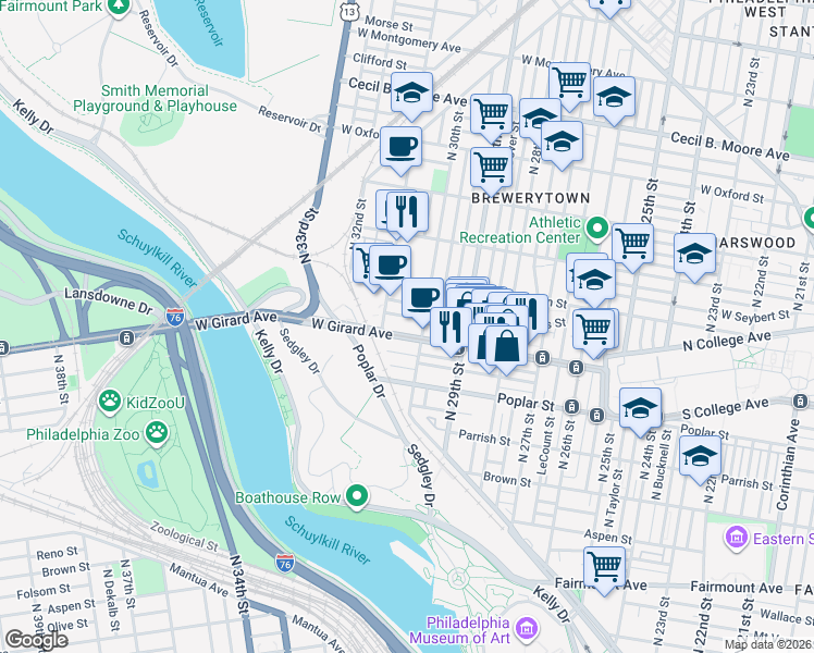map of restaurants, bars, coffee shops, grocery stores, and more near 3029 West Girard Avenue in Philadelphia