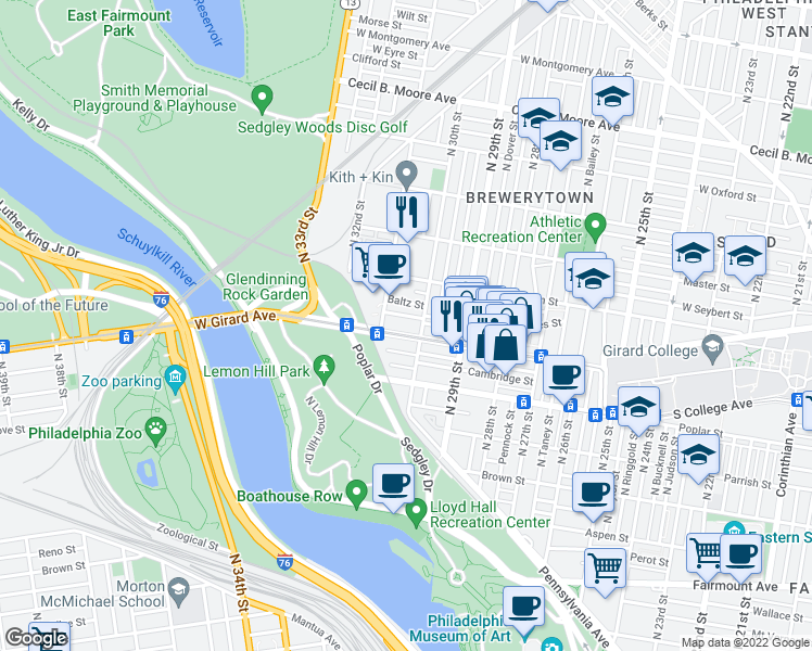 map of restaurants, bars, coffee shops, grocery stores, and more near 3017 W Girard Ave in Philadelphia