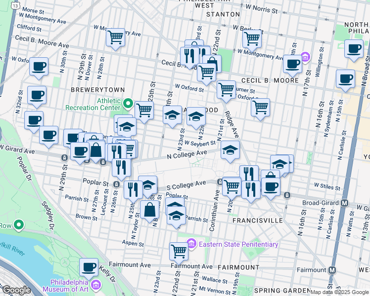map of restaurants, bars, coffee shops, grocery stores, and more near 2237 West Thompson Street in Philadelphia