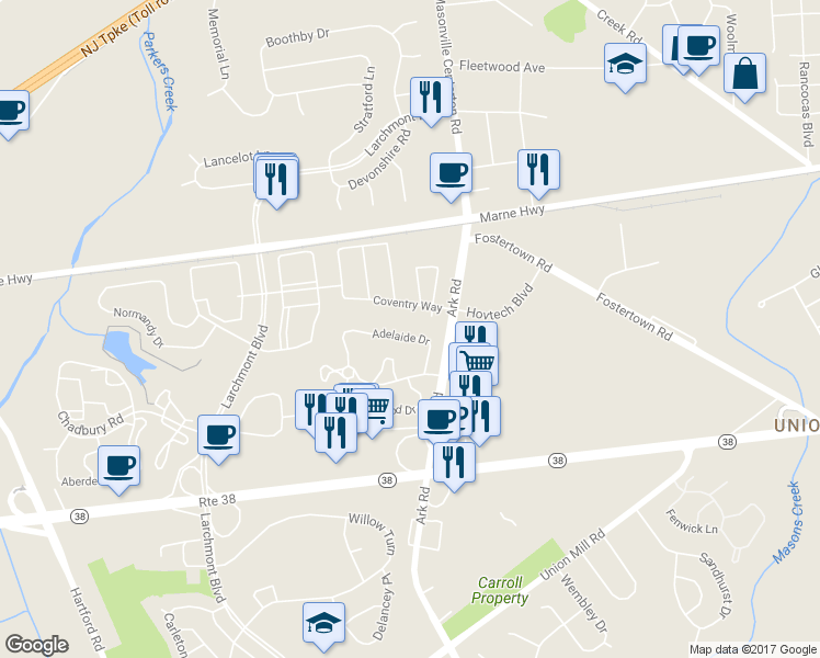 map of restaurants, bars, coffee shops, grocery stores, and more near 5401A Adelaide Drive in Mount Laurel Township